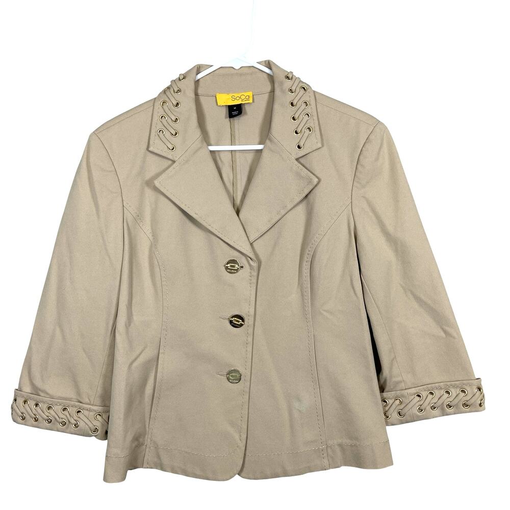 St John Blazer Laced Eyelet Cotton Stretch Tan Beige Blaze Women's Size Medium